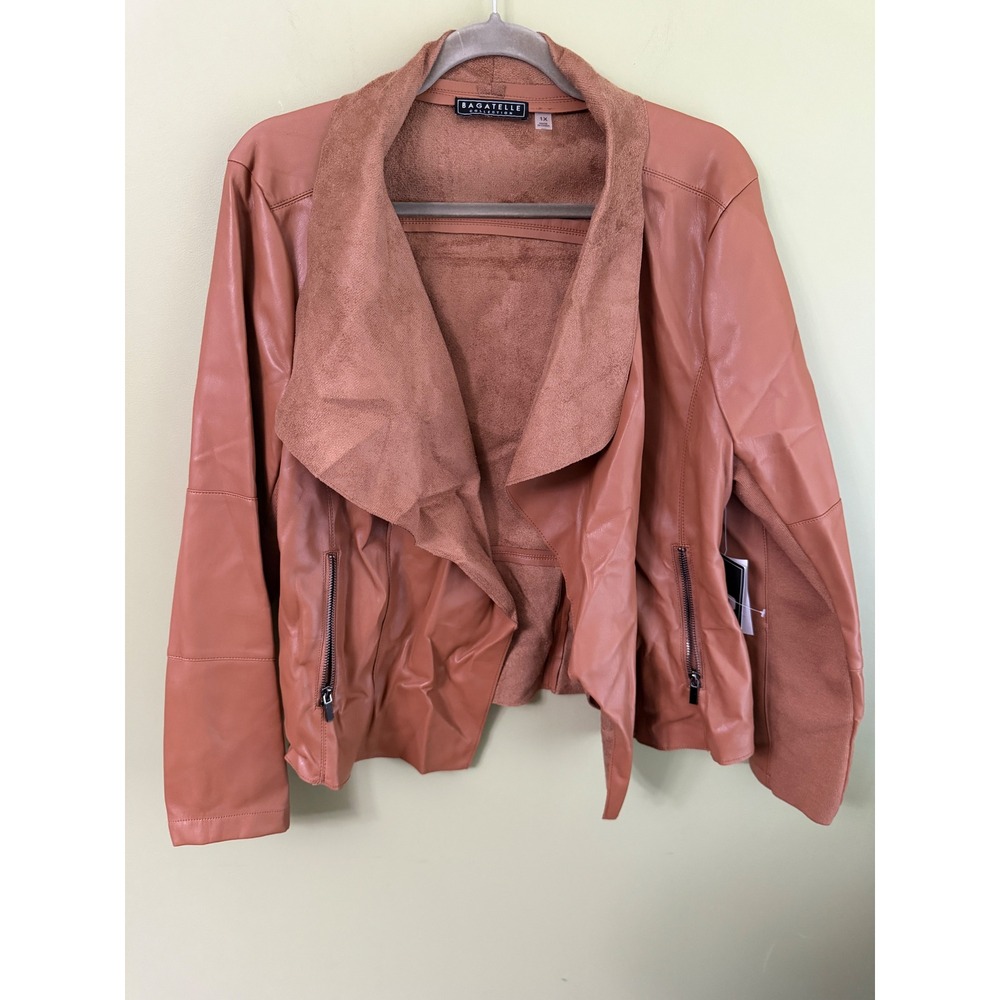 Bagatelle Collection Womens Faux Leather Waterfall Jacket Cognac Brown 1X NEW